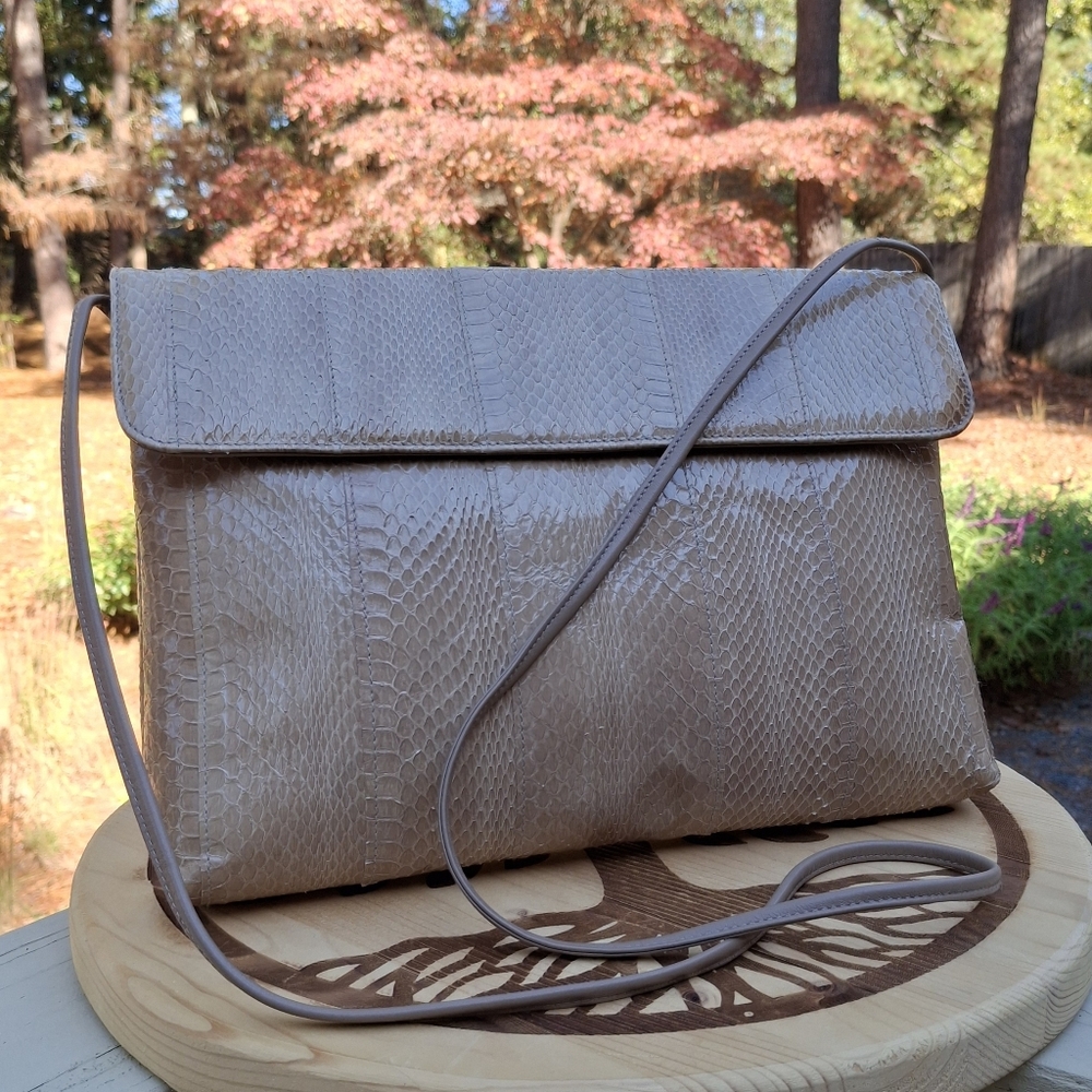 Vintage 80's Clemente Tan Snakeskin And Leather Convertible Clutch Bag